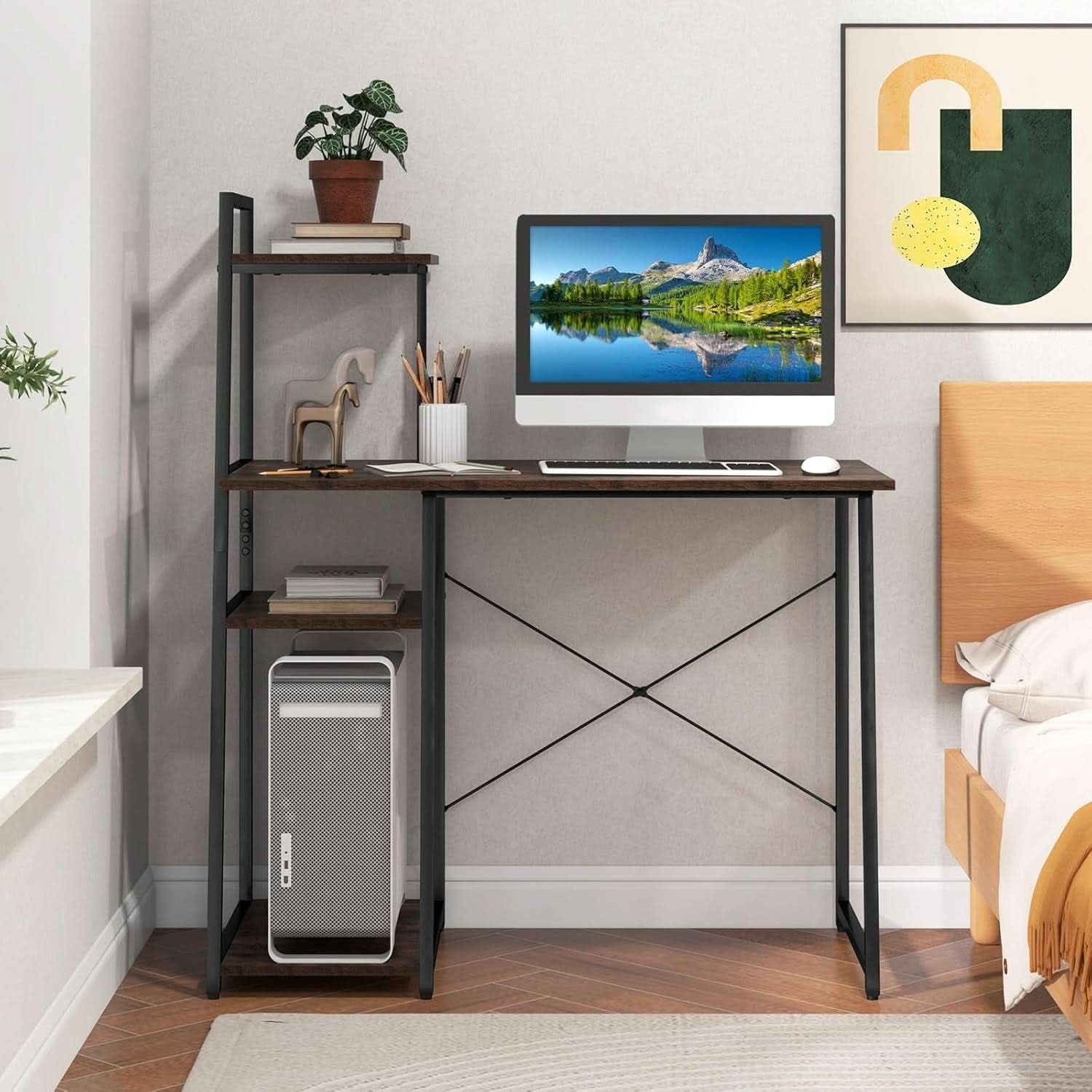Space-Saving Computer Desk With Shelves For Small Areas