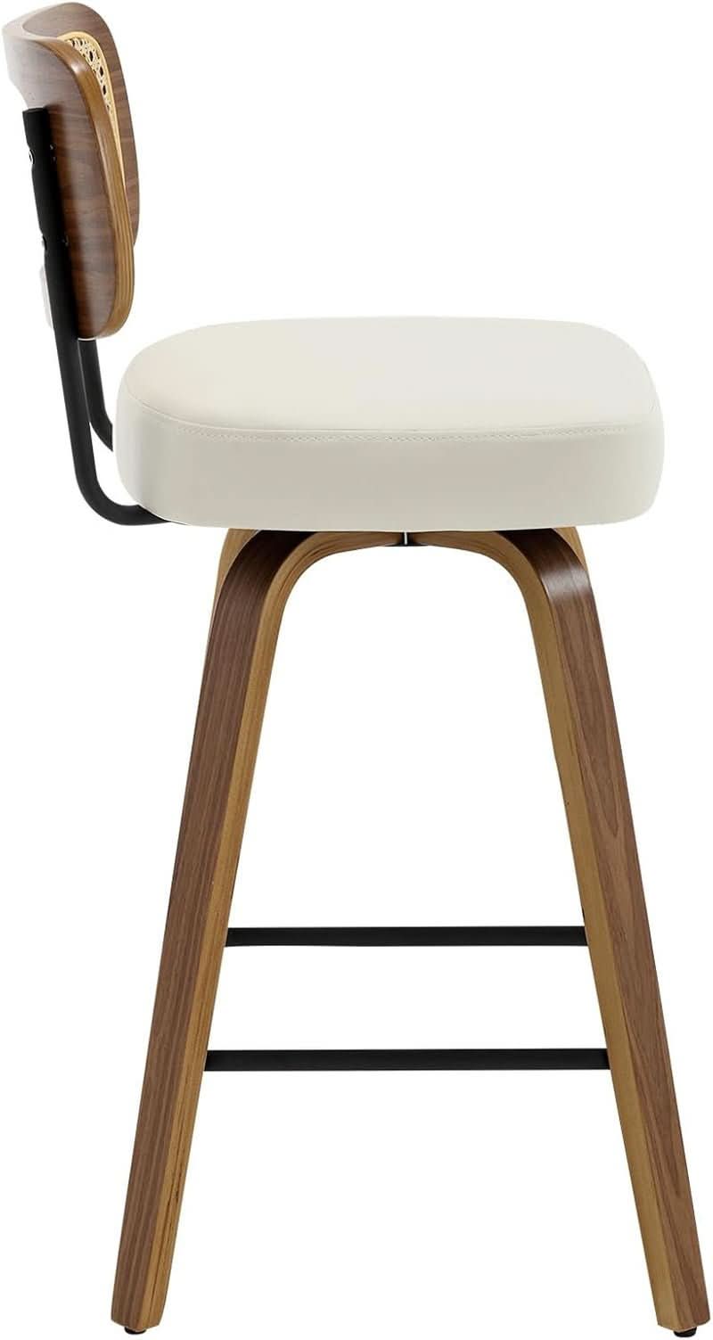 Swivel Counter Height Bar Stools Set of 4 Cream Upholstered Rattan Back