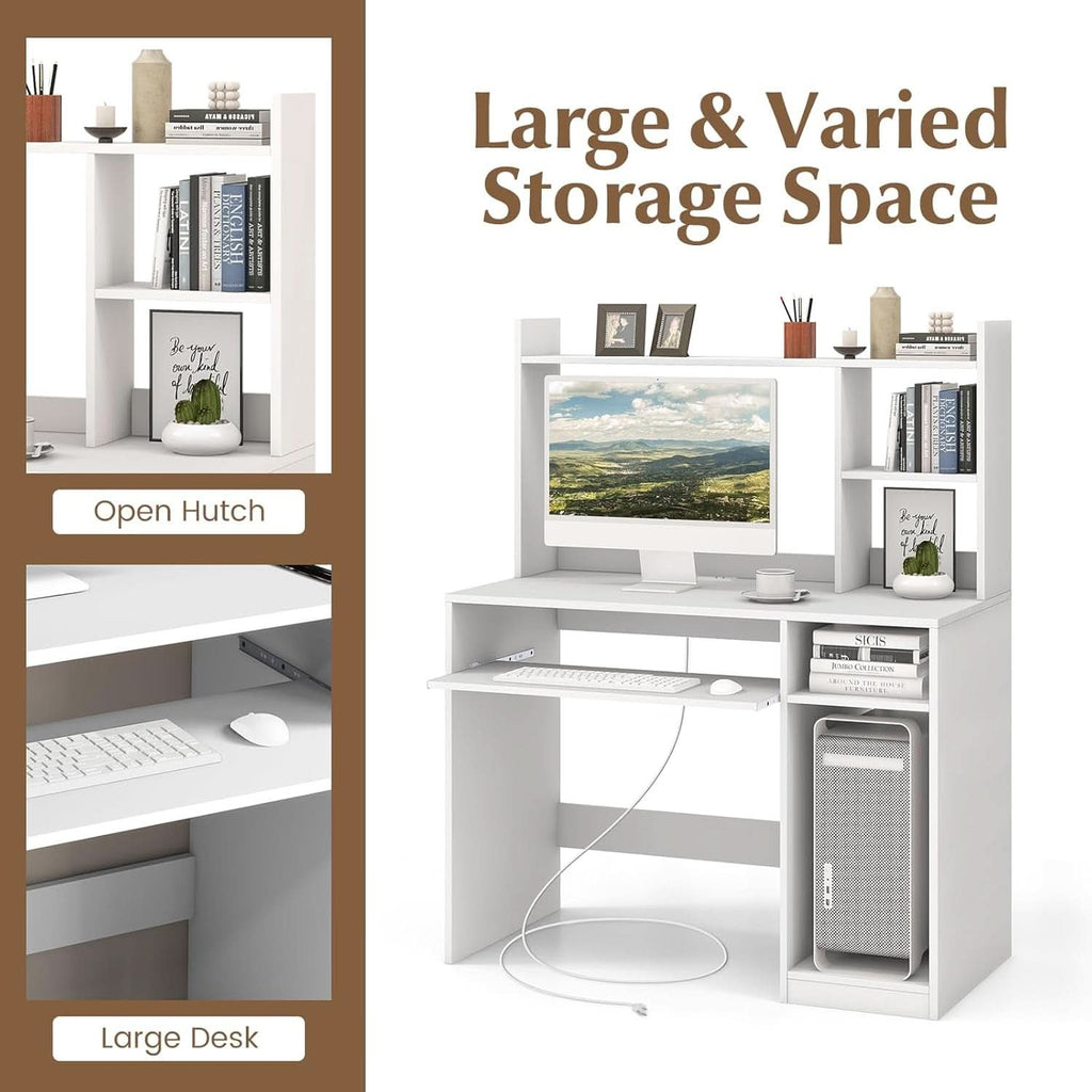 White Desk With Hutch And Charging Station For Home Office