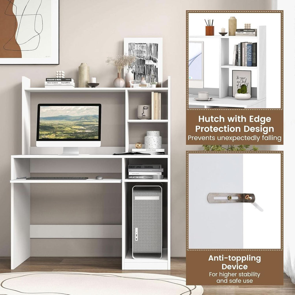 White Desk With Hutch And Charging Station For Home Office