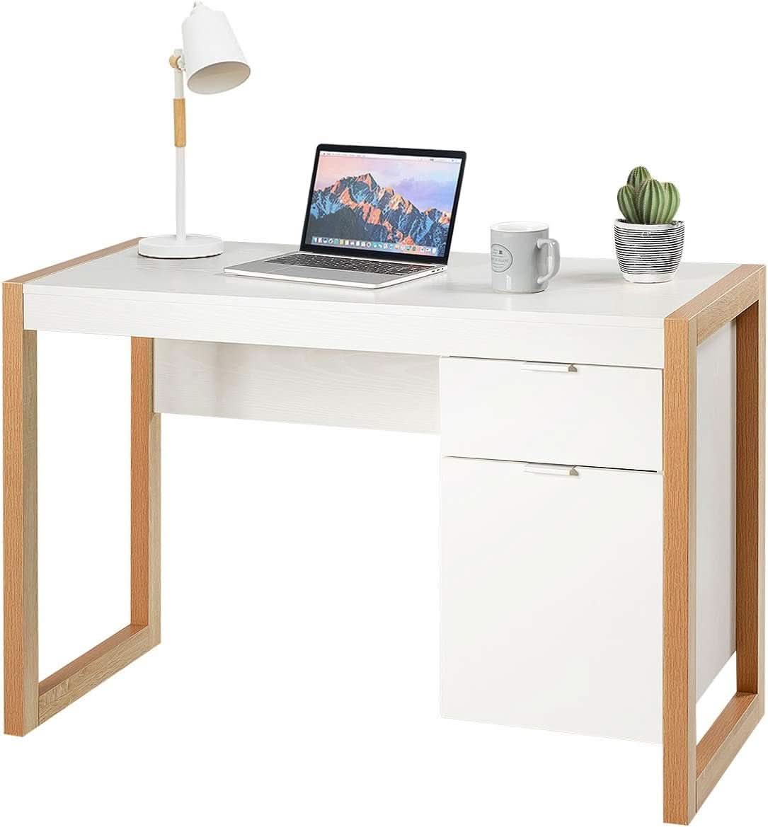 Wooden Home Office Desk With Drawer And Cabinet In White And Natural