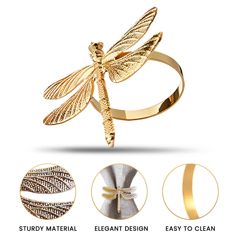 Golden Wings – Napkin Rings in Gold Dragon Fly Design, Elegant Decorative Dining Table Décor
