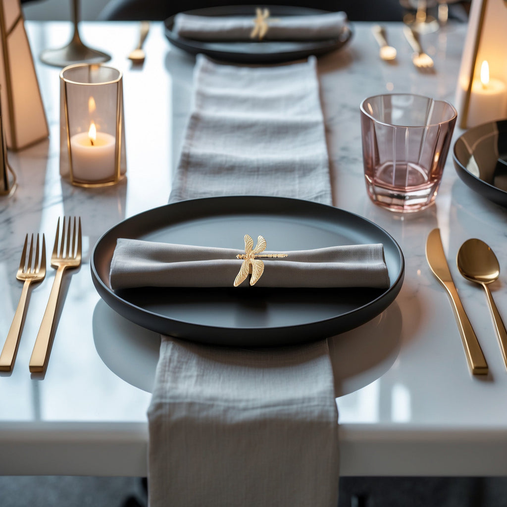 Golden Wings – Napkin Rings in Gold Dragon Fly Design, Elegant Decorative Dining Table Décor