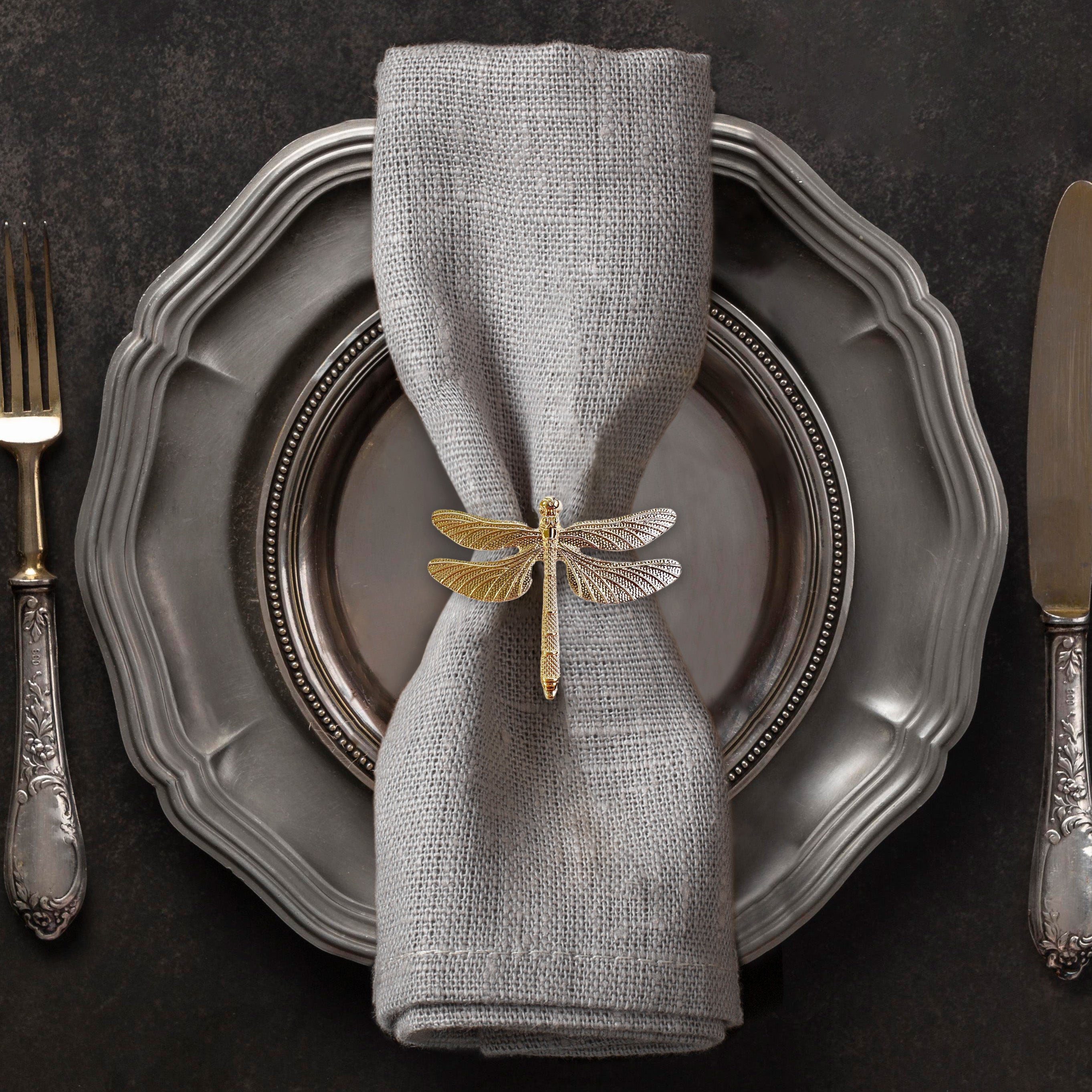 Golden Wings – Napkin Rings in Gold Dragon Fly Design, Elegant Decorative Dining Table Décor
