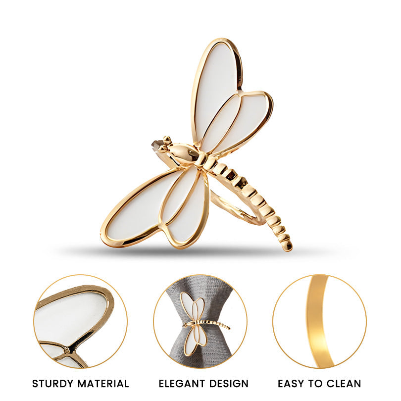 Ivory Flight – Napkin Rings in Gold White Dragon Fly Design, Artistic Decorative Dining Table Accent