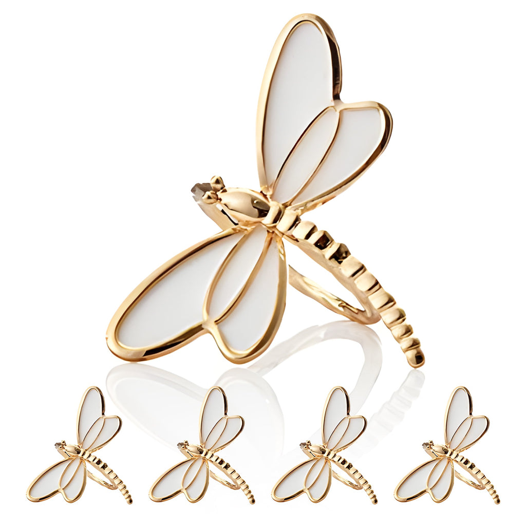 Ivory Flight – Napkin Rings in Gold White Dragon Fly Design, Artistic Decorative Dining Table Accent