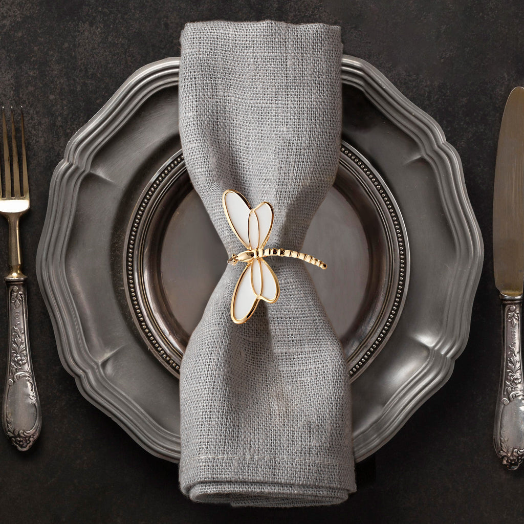 Ivory Flight – Napkin Rings in Gold White Dragon Fly Design, Artistic Decorative Dining Table Accent