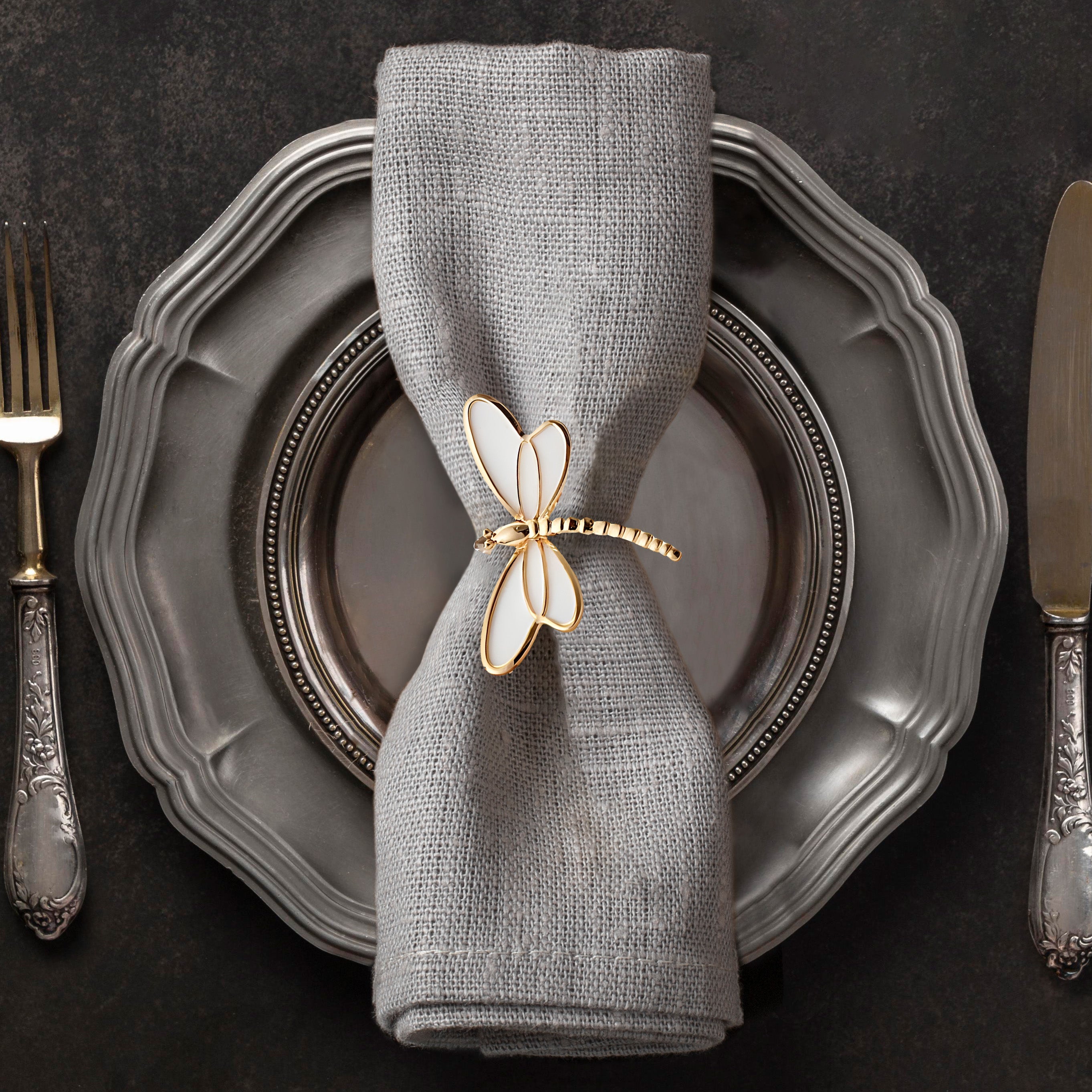 Ivory Flight – Napkin Rings in Gold White Dragon Fly Design, Artistic Decorative Dining Table Accent
