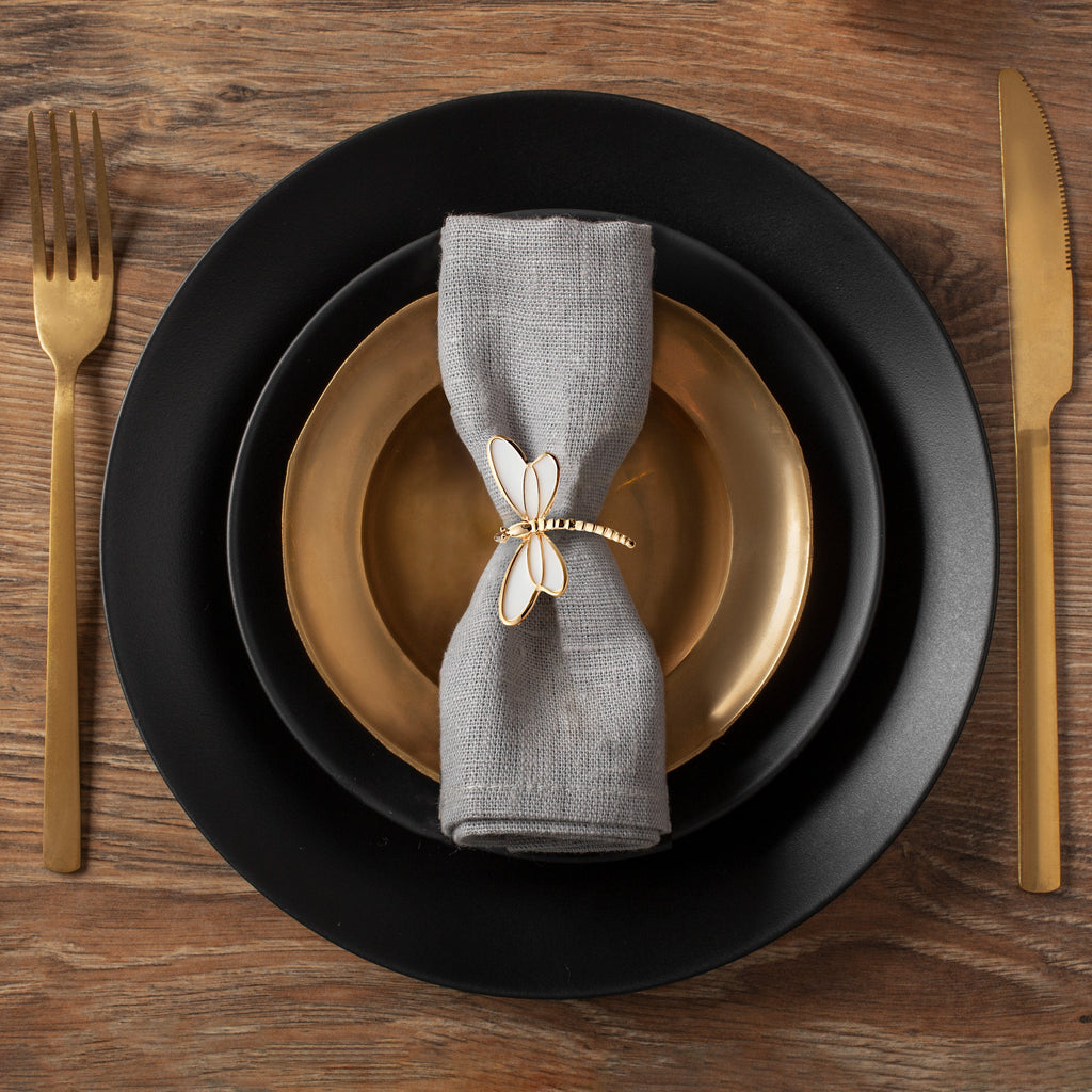Ivory Flight – Napkin Rings in Gold White Dragon Fly Design, Artistic Decorative Dining Table Accent