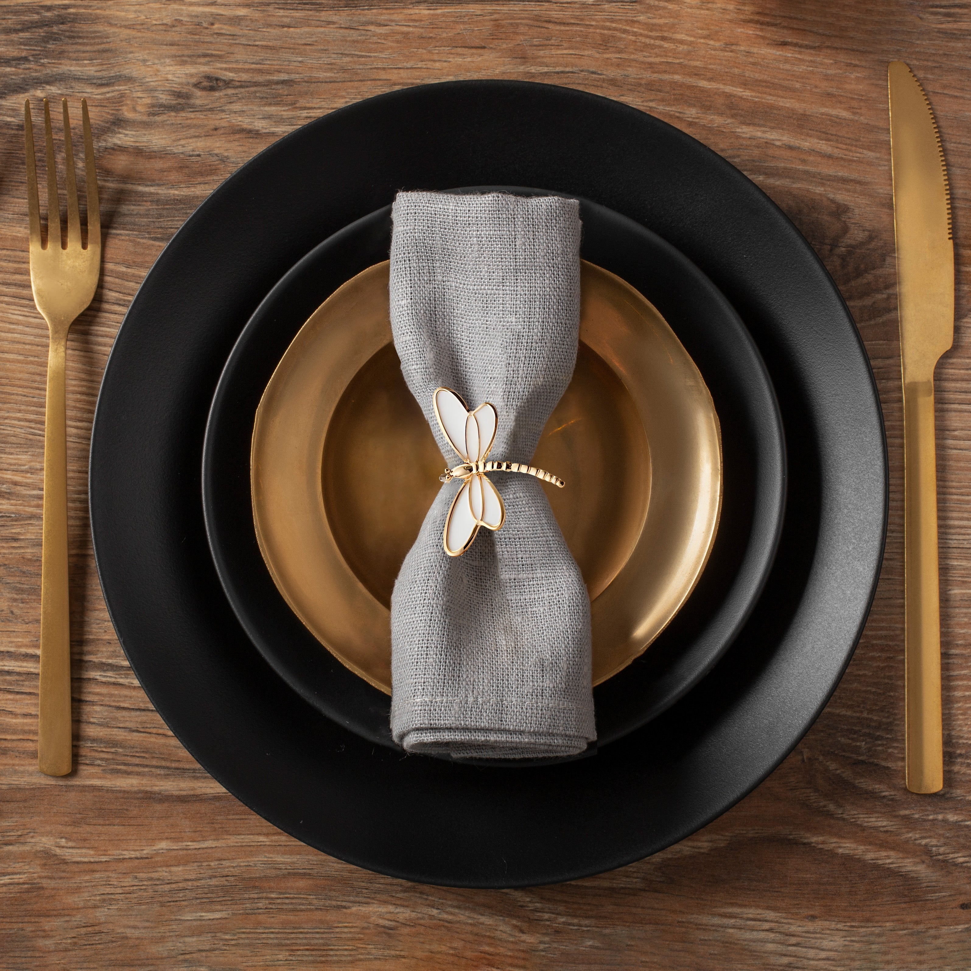 Ivory Flight – Napkin Rings in Gold White Dragon Fly Design, Artistic Decorative Dining Table Accent